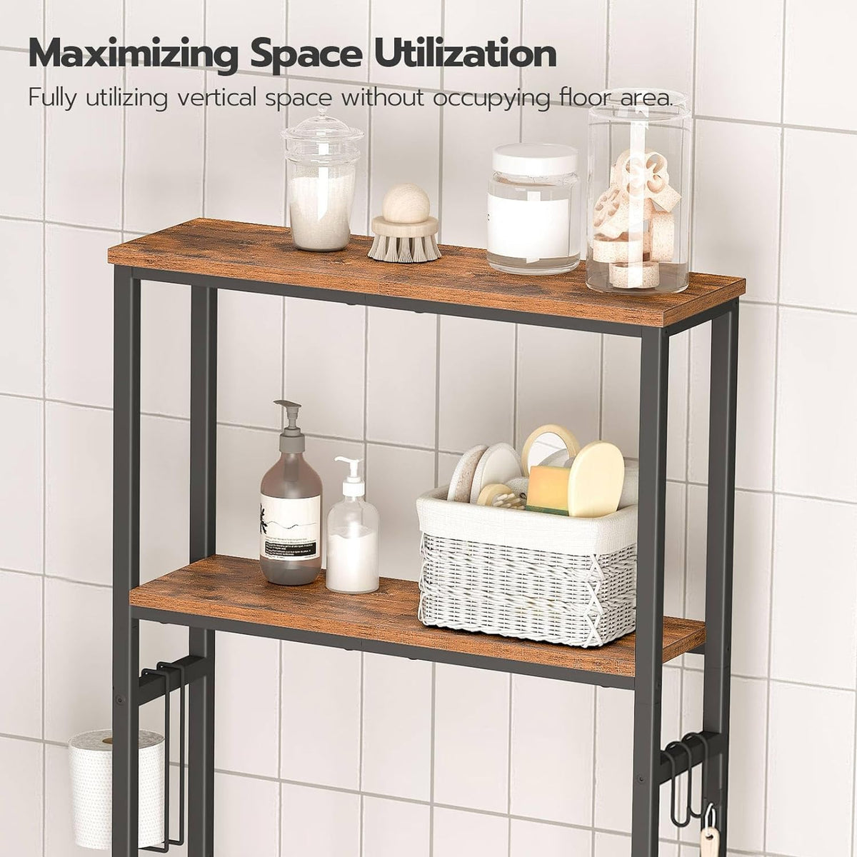 HOOBRO Over The Toilet Storage, 2-Tier freestanding Over the Toilet Storage, Bathroom Organizer Over Toilet with Toilet Paper Holder and Hooks, Space Saver for Room, Rustic Brown and Black BF49TS01