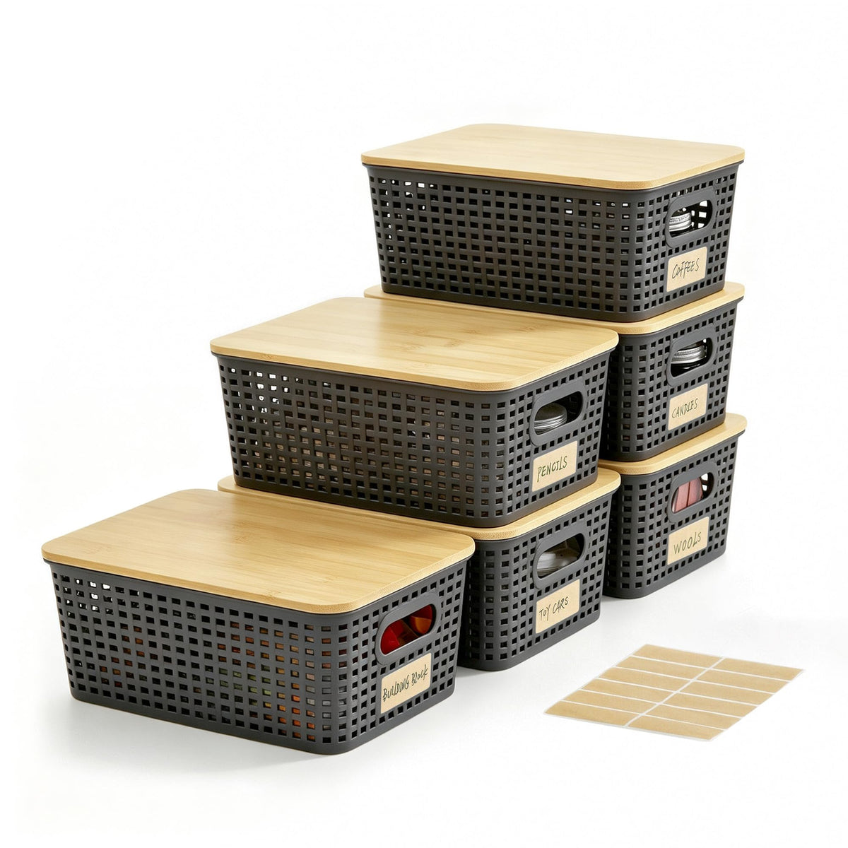 Bagnizer Small Plastic Storage Bins with Bamboo Lids 5.2qt Stackable Box Basket Pantry Decorative Containers Cute with Labels for Organizing Desktop Closet Office Cream White of 6 packs 10*7.2*4.1"