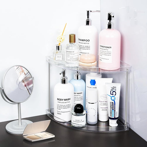 2 Tier Corner Bathroom Counter Organizer, Clear, Triangular