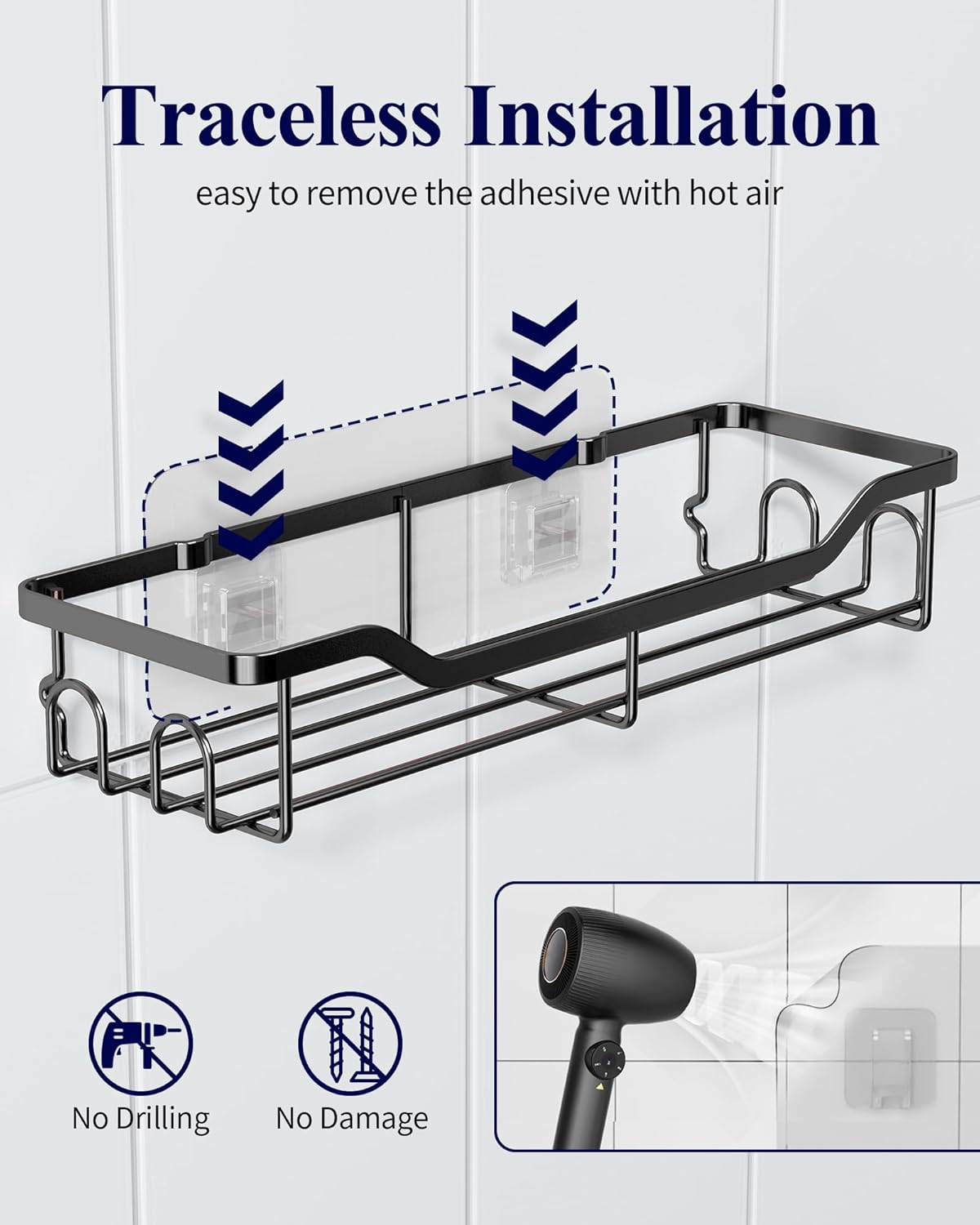 Kitsure Shower Caddy, Adhesive Shower Organizer, Large, Black