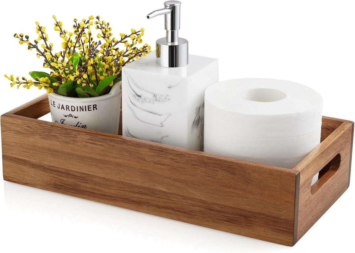 ALELION Acacia Wood Bathroom Storage Basket for Organizing - Toilet Paper Basket with Handle for Back of Toilet Tank Top Topper - Small Narrow Baskets for Kitchen Pantry Garage Laundry Room Storage