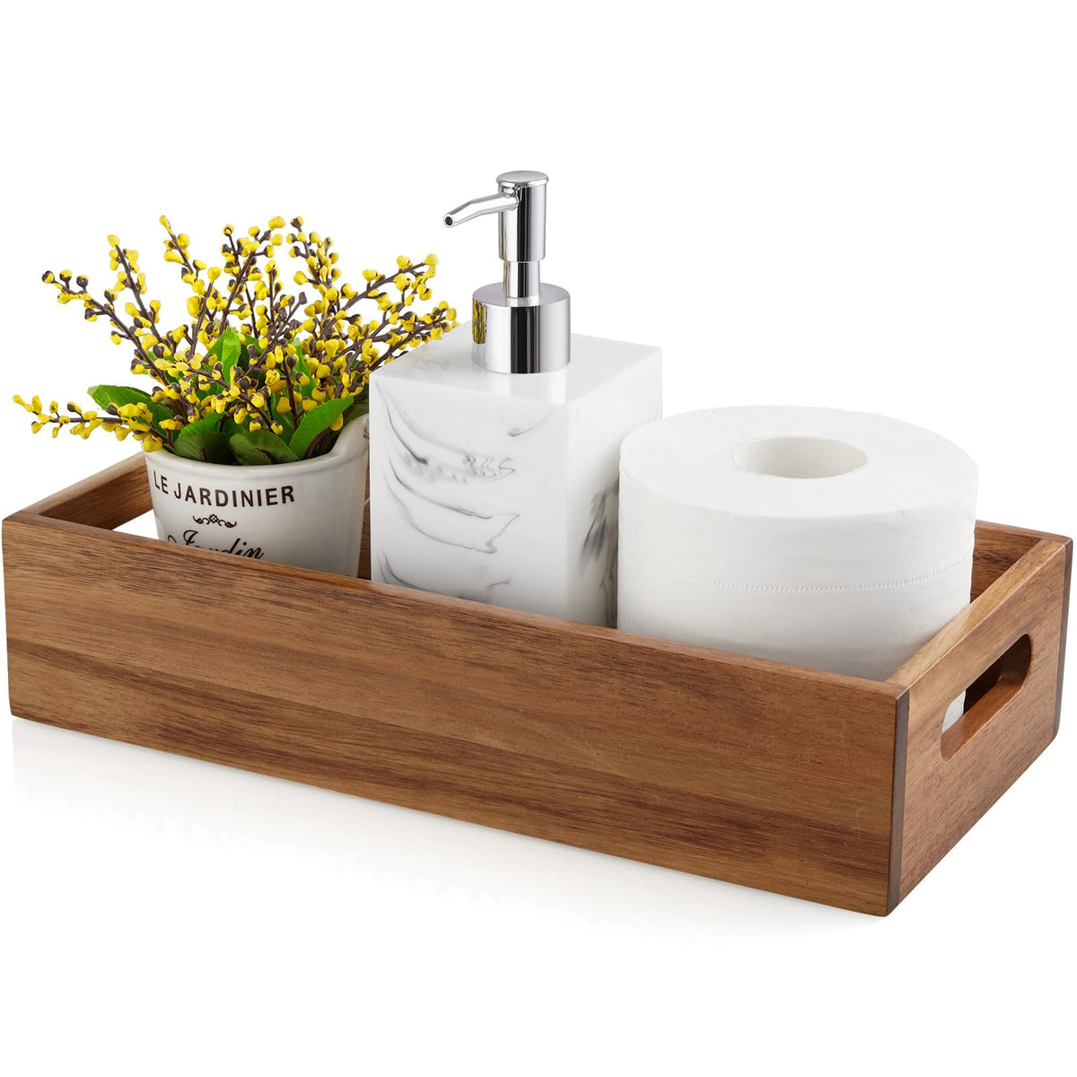ALELION Black Bathroom Basket - Wooden Toilet Tank Paper Basket with Handle for Organizing - Back of Toilet Storage Organizer for Bathroom Tank Topper Counter - Black Bathroom Decor Box