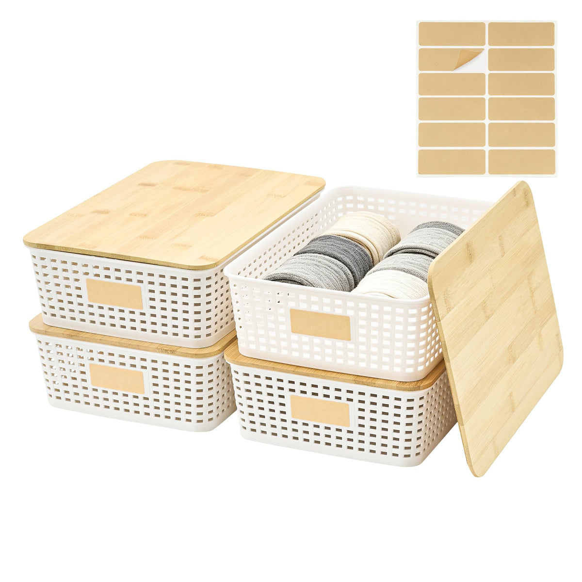 Bagnizer Small Plastic Storage Bins with Bamboo Lids 5.2qt Stackable Box Basket Pantry Decorative Containers Cute with Labels for Organizing Desktop Closet Office Cream White of 6 packs 10*7.2*4.1"