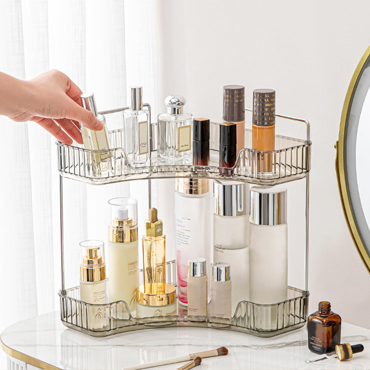 Aveniee Corner Bathroom Counter Organizer, Bathroom Countertop Shelf Makeup Storage, Clear Perfume Tray Holder (3 Tiers, White)