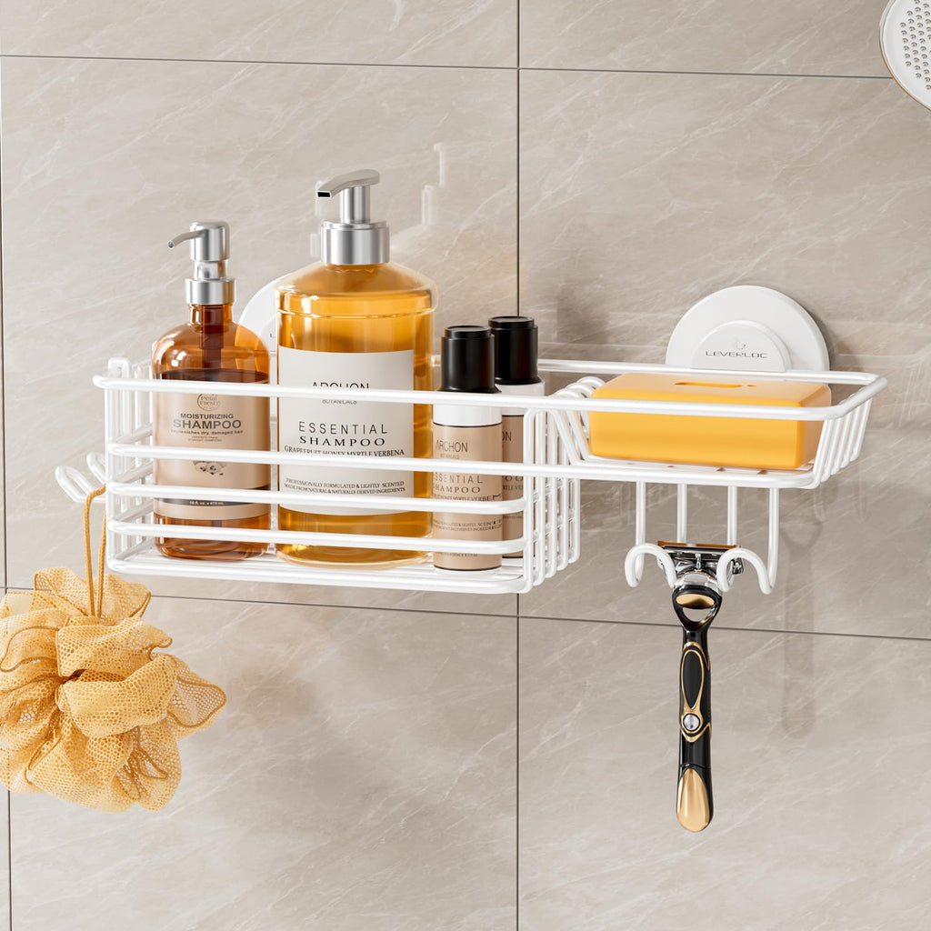LEVERLOC Shower Caddy Suction Cup, 2 Pack Suction Shower Shelf With Hooks