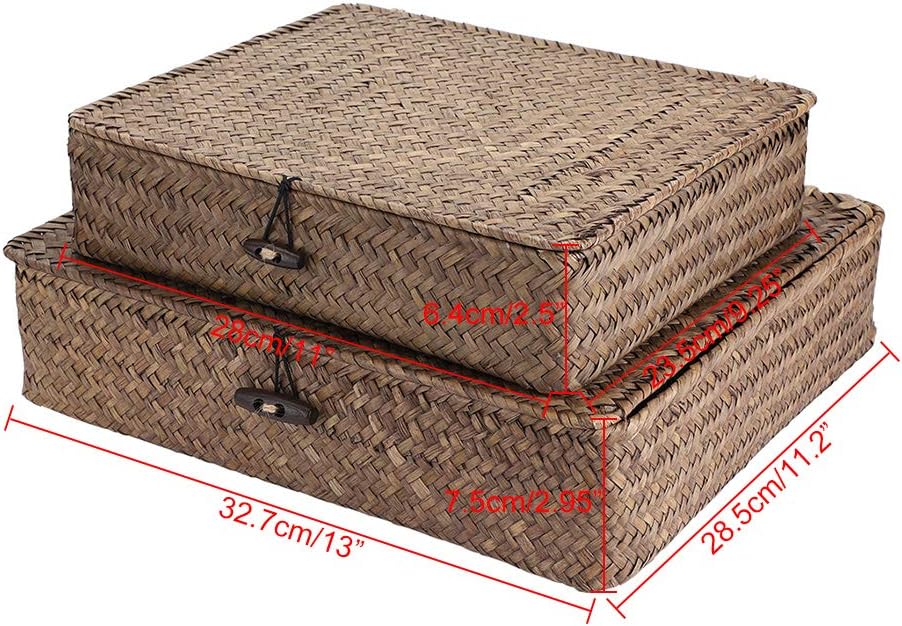Hipiwe Set of 2 Flat Wicker Storage Basket Bins with Lid Woven Seagrass Box