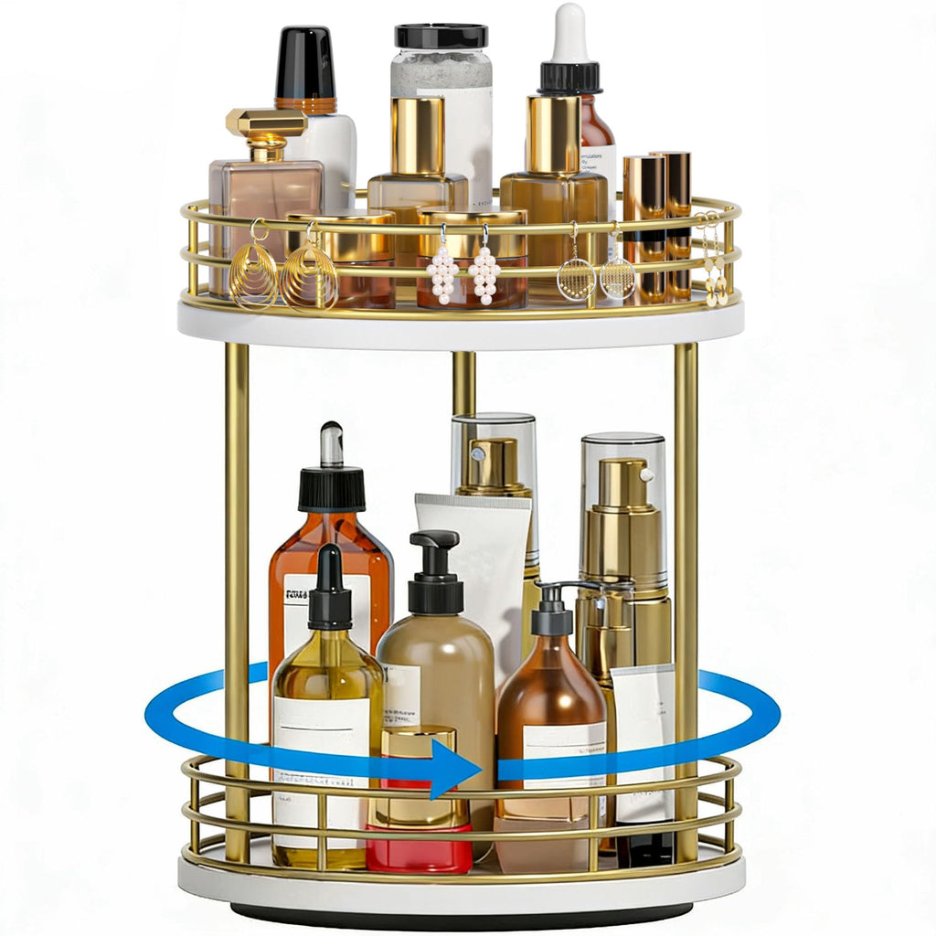 2-Tier Rotating Bathroom Countertop Organizer, Wooden Makeup Vanity Storage, Multifunctional Lazy Susan Turntable for Skincare, Perfume and Cosmetics (Brown)