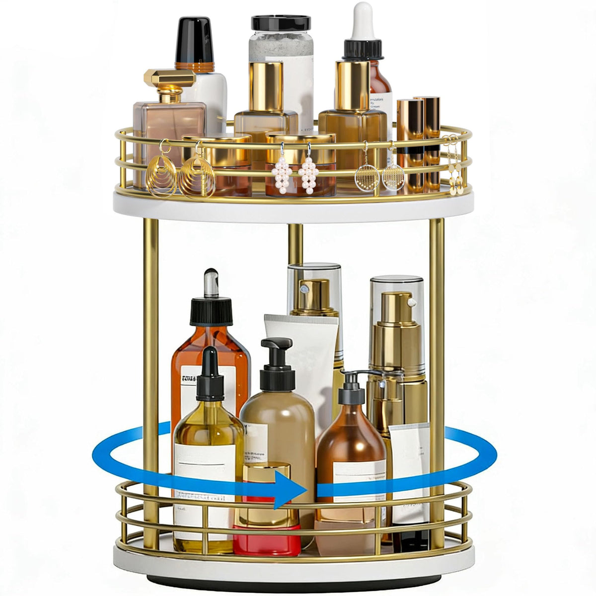 2-Tier Rotating Bathroom Countertop Organizer, Wooden Makeup Vanity Storage, Multifunctional Lazy Susan Turntable for Skincare, Perfume and Cosmetics (Brown)