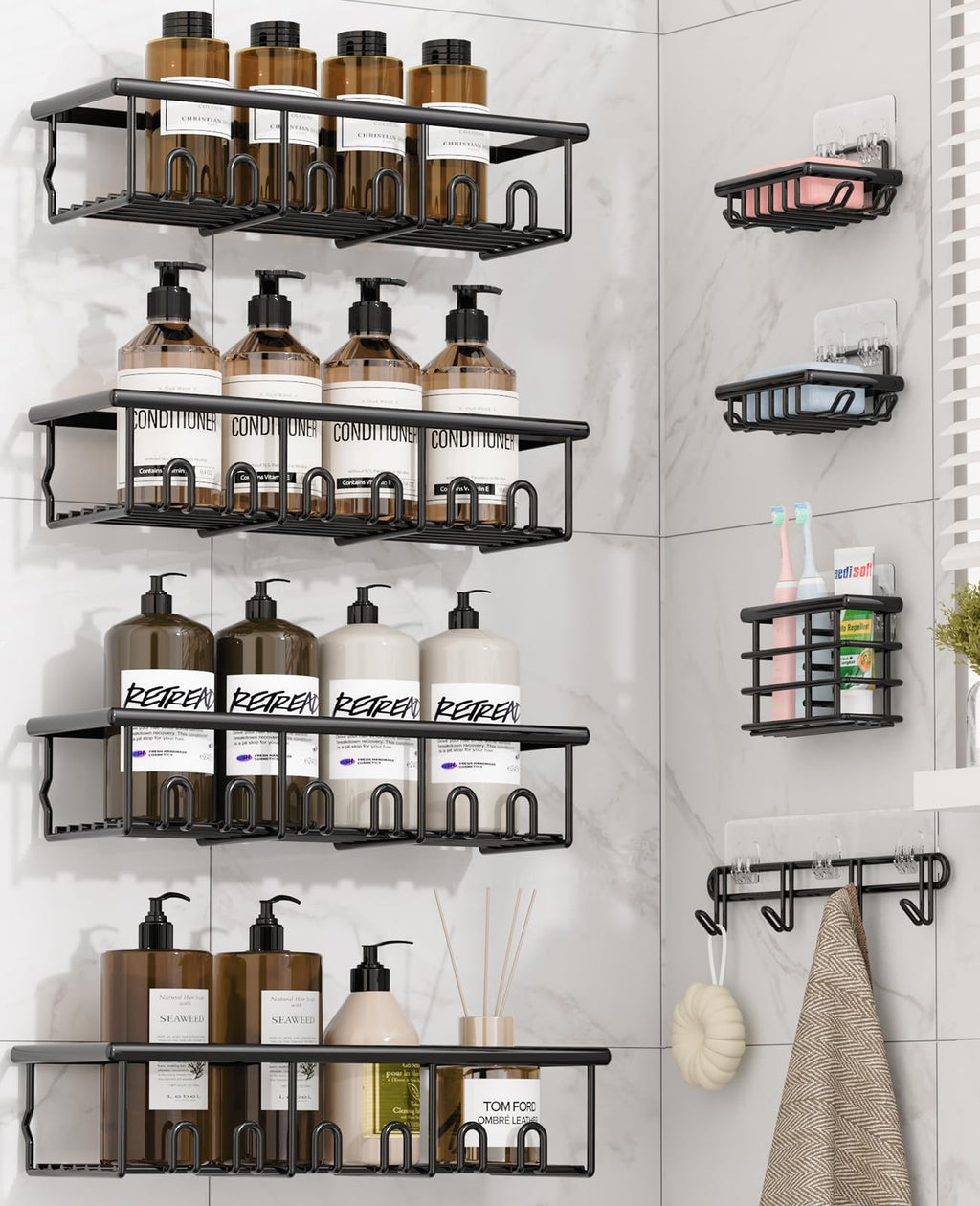 8 Pack Adhesive Large Capacity No-Drilling Shower Caddy, Black