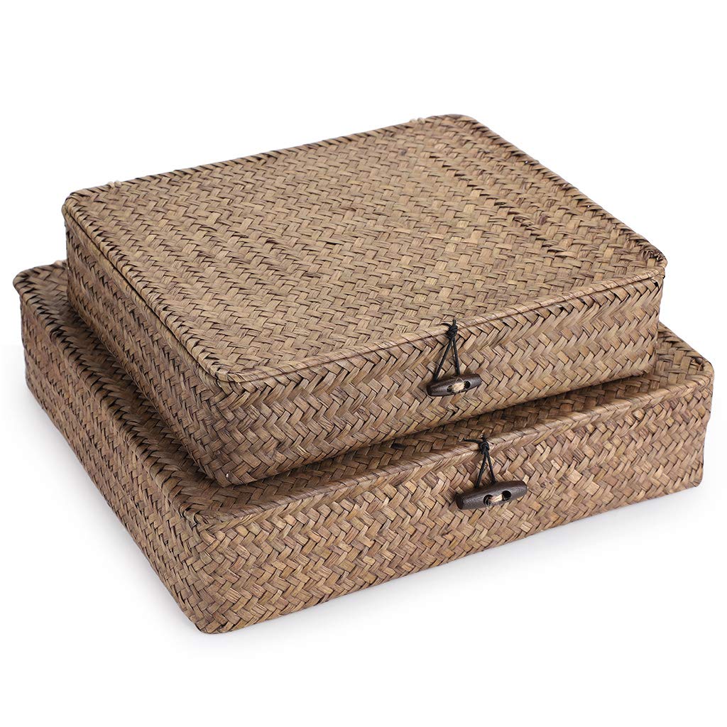 Hipiwe Set of 2 Flat Wicker Storage Basket Bins with Lid Woven Seagrass Box
