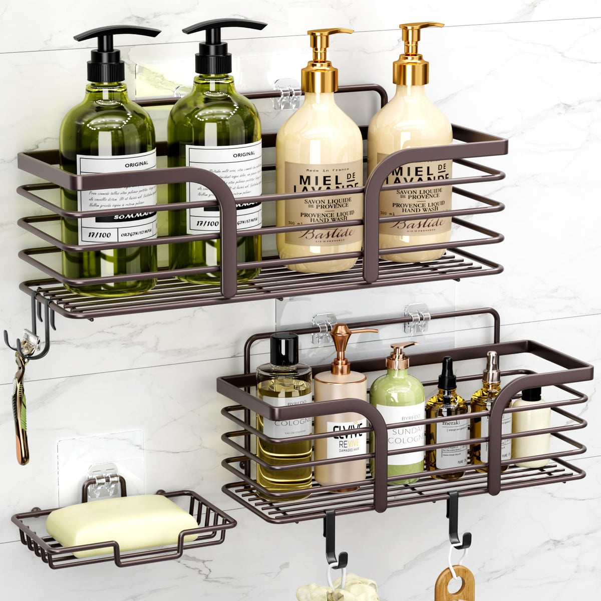 Yougai Shower Organizer with Soap Holder and Hooks for Bathroom (Black)