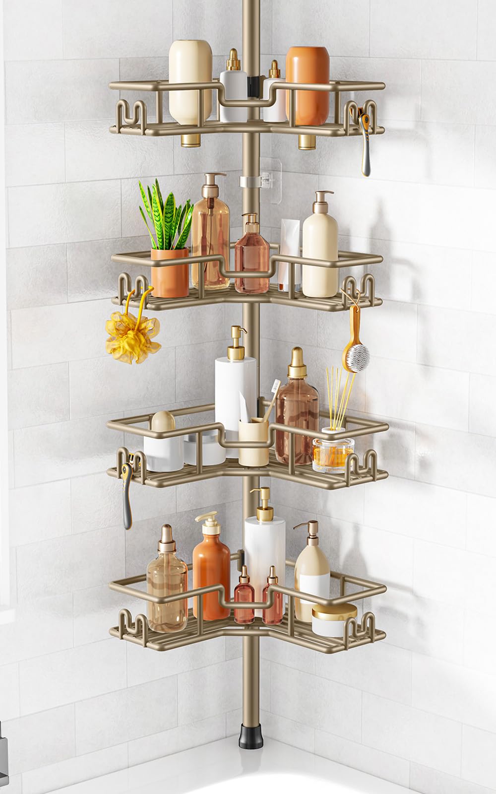 HAMITOR Shower Caddy Tension Pole: 4-Tier Adjustable Corner Organizer Black