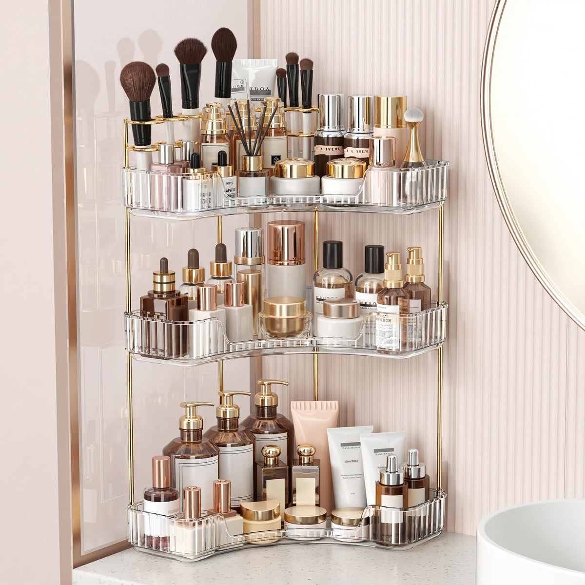 BEFSOP Corner Bathroom Counter Organizer, Upgraded 3-Tier Makeup Organizer Countertop with Makeup Brush Holder, Skincare Exquisite Vanity Organizers Countertop Bathroom Storage Dresser(GOLD)