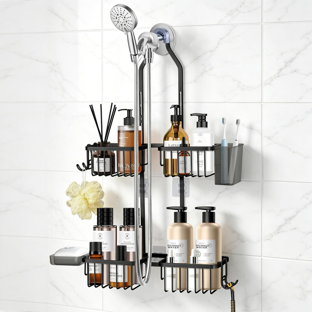 Adjustable Hanging Shower Caddy for Handheld Showerhead, Rustproof Aluminum Over Shower Head Organizer, Renter-Friendly No-Swing Storage for Tall Bottles & Soap, 2-Tier, Gold