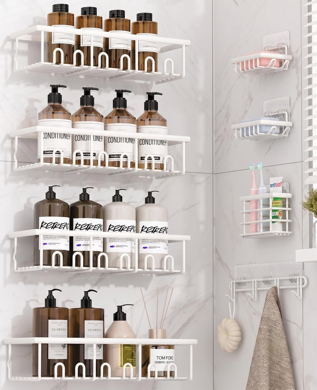 8 Pack Adhesive Large Capacity No-Drilling Shower Caddy, Black