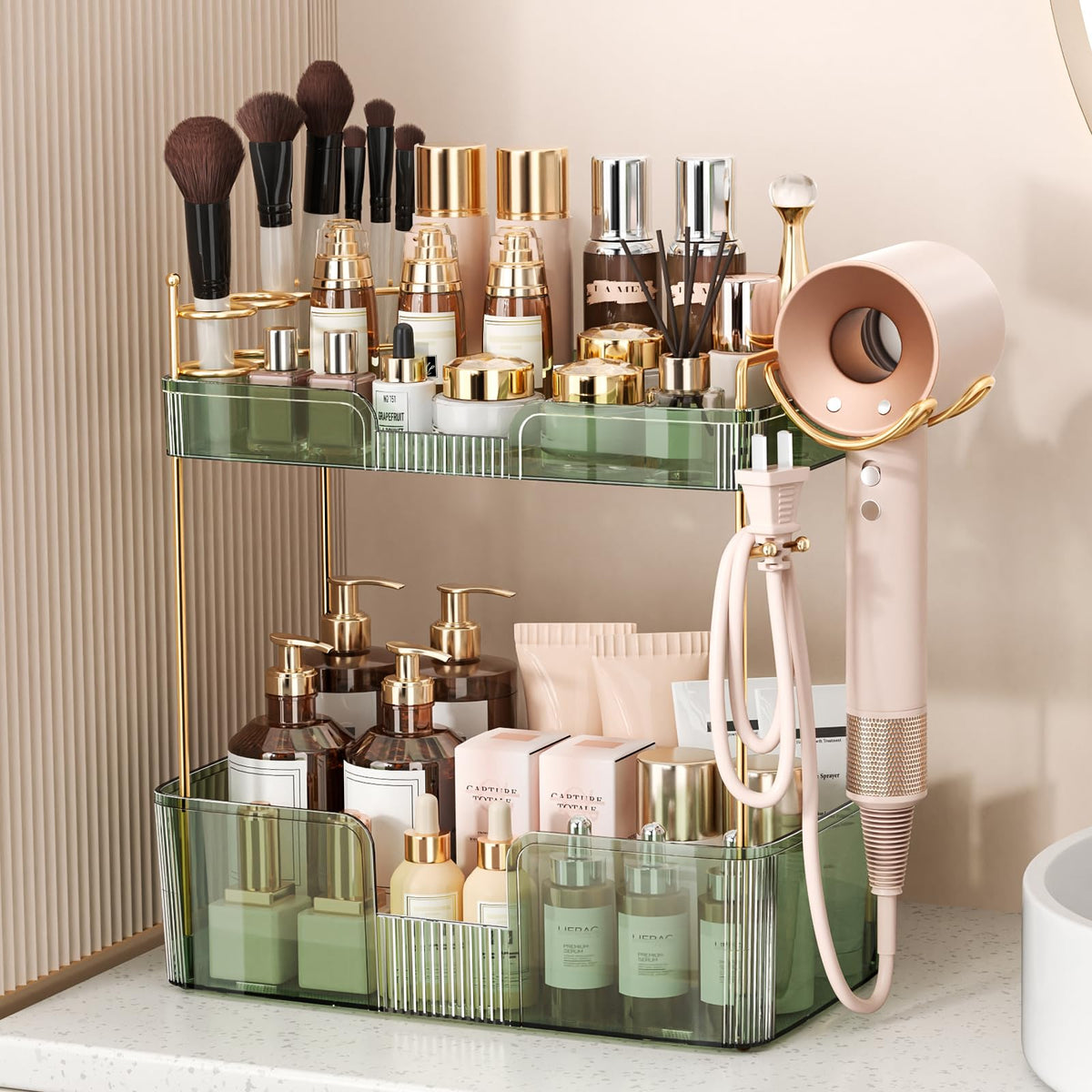 Bathroom Counter Organizer for Vanity, Makeup Organizer Countertop with Holder, Large Capacity Storage Rack, Perfect Large Skincare, Hair Care, Perfume, Easy to Install (Clear, 3Tiers)