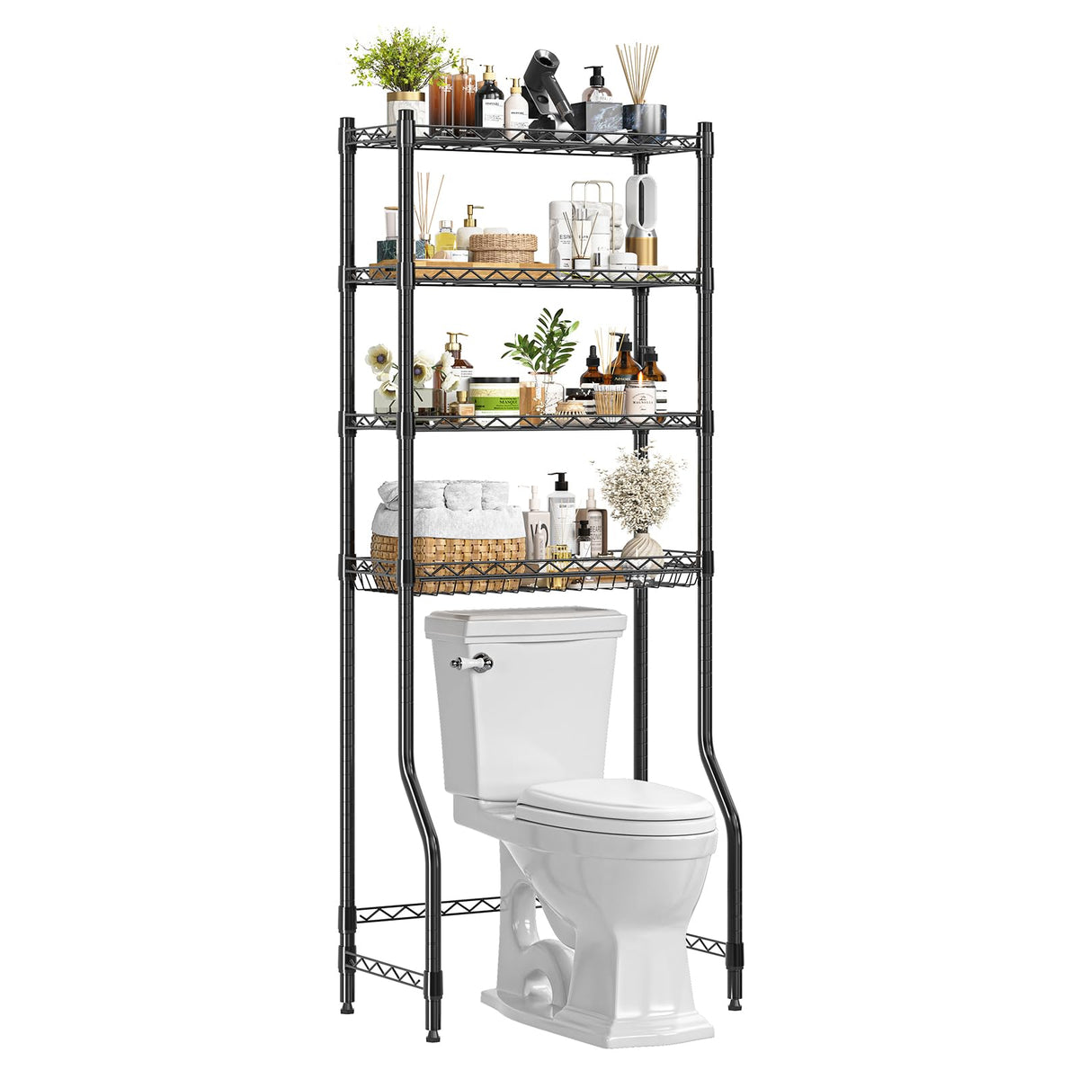 Simple Trending Over The Toilet Storage Cabinet, Metal Bathroom Shelf Organizer with Paper Holder and Hooks, 3 Tier, Black