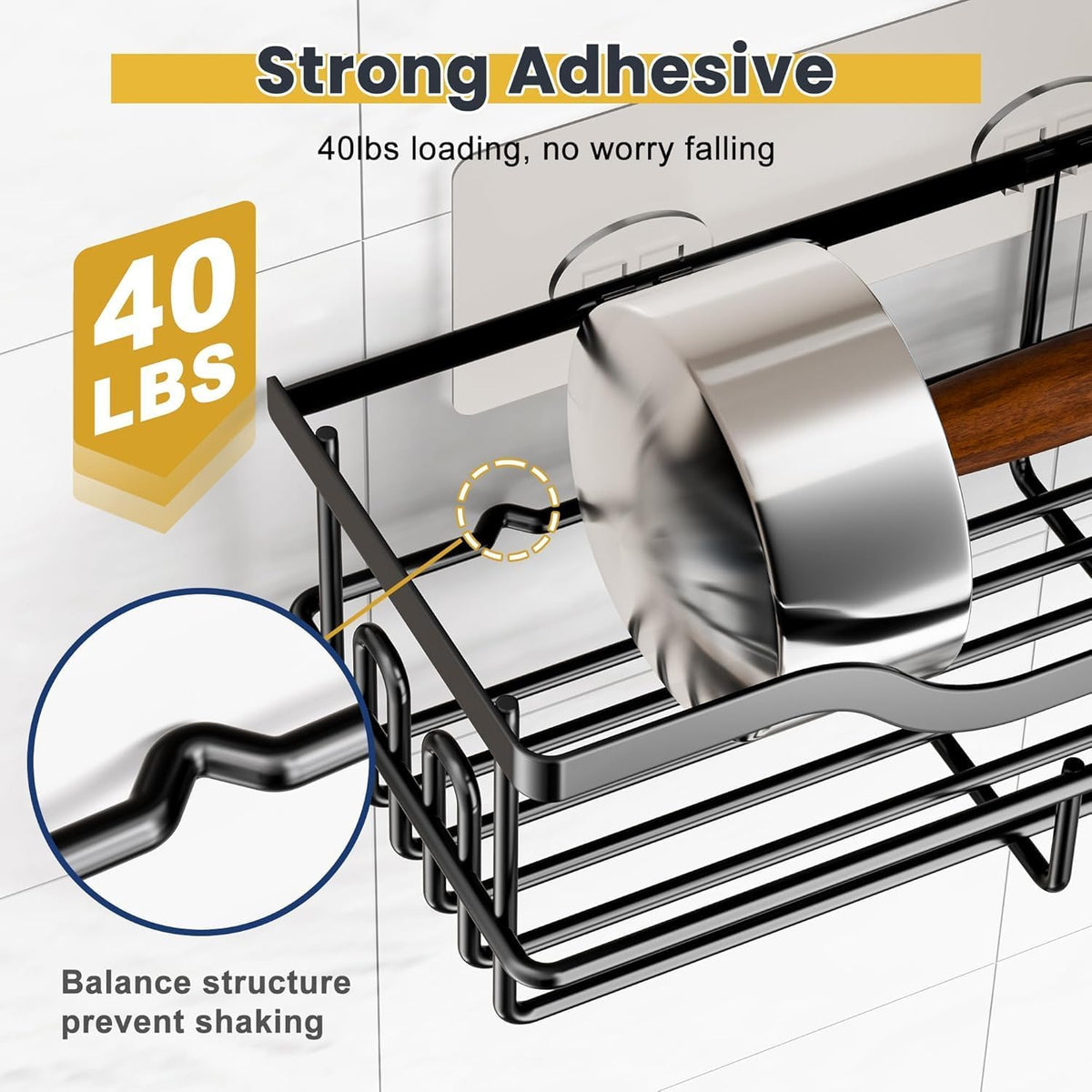 OMAIRA 3-Pack Shower Caddy with Soap Holder, Adhesive Rustproof No-drill Strudy Loading Inside Shower Organizer Shelves Rack Storage Bathroom Organization for Smooth Wall Glass Tile, Black (X-Large)