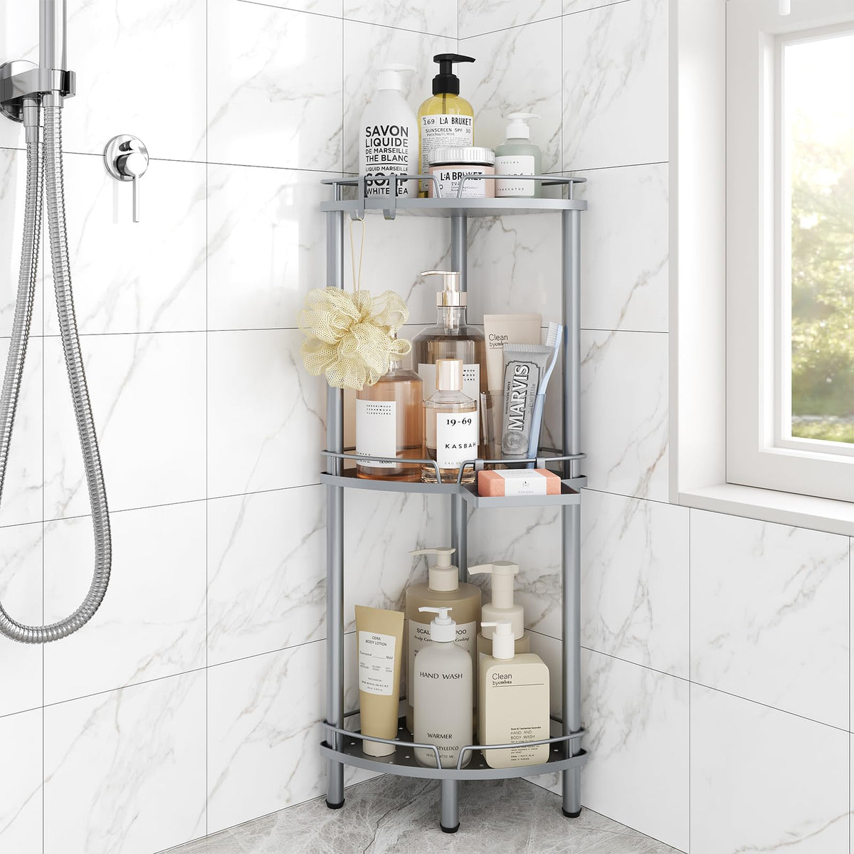 ELYKEN Corner Shower Caddy, 3 Tier Stainless Steel Shower Organizer, White