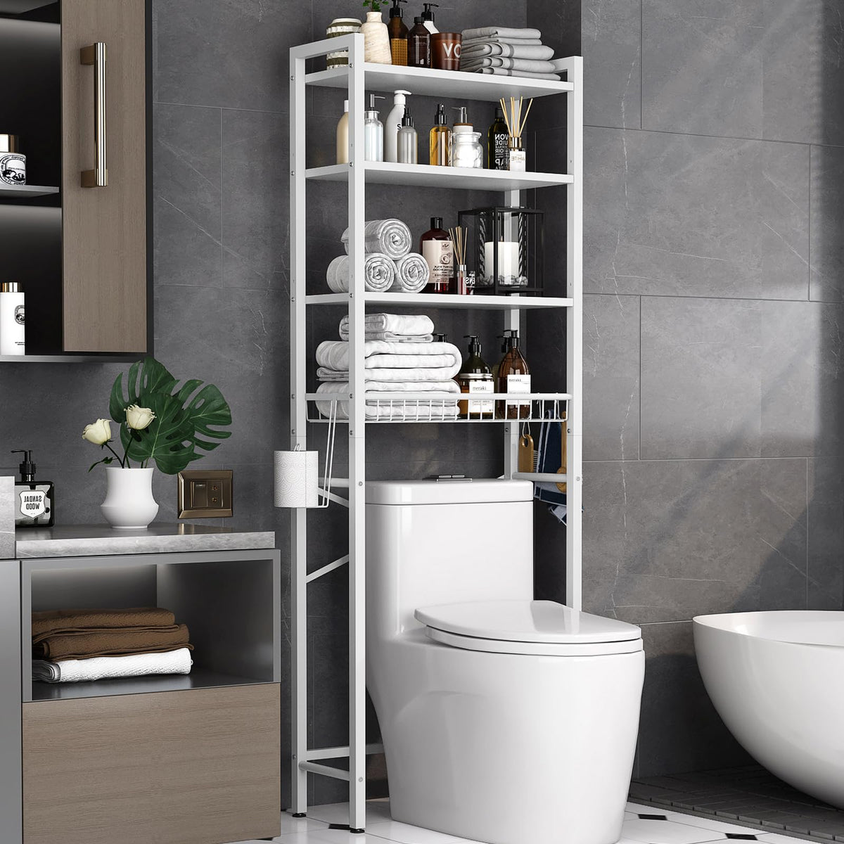 Kalrin Over-The-Toilet Storage Rack, 4-Tier Bathroom Organizer Shelf Over Toilet with Adjustable Shelf and Basket, Freestanding Space Saver Bathroom Shelves Above Toilet for Room (Vintage Brown)