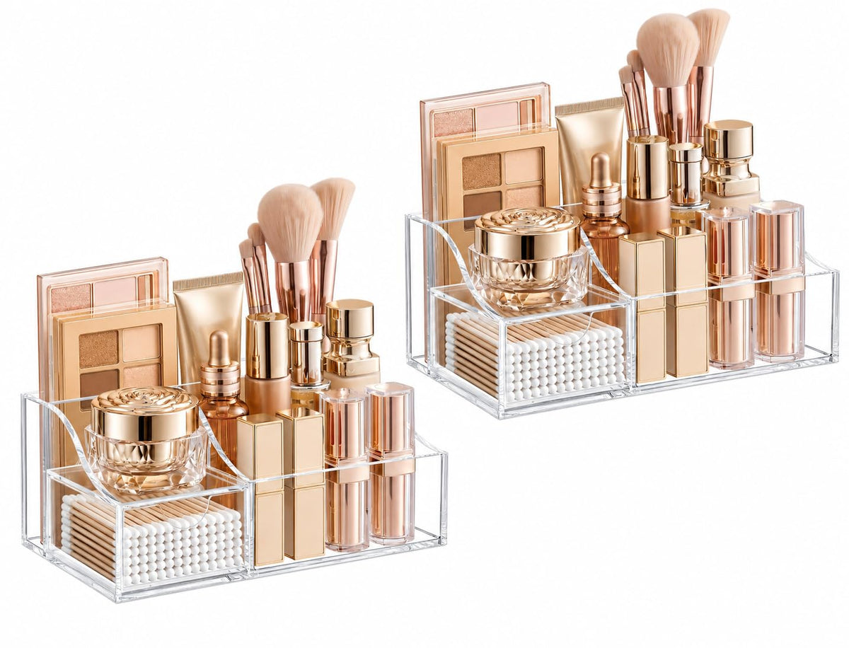 HBlife Makeup Organizer with Drawer – Cosmetic Storage for Vanity, Bathroom Countertop & Dresser, Skincare Organizer with Brush Holder, Beauty Display Case (Clear)
