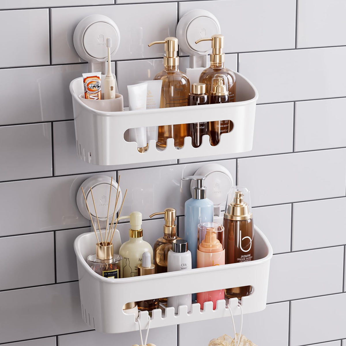 TAILI Shower Caddy Suction Cup 2 Pack, Heavy Duty Bathroom Organizer, Removable Shelves for Inside Shower, Shampoo, Waterproof Suction Plastic Storage for Bathroom Accessories Holder, White