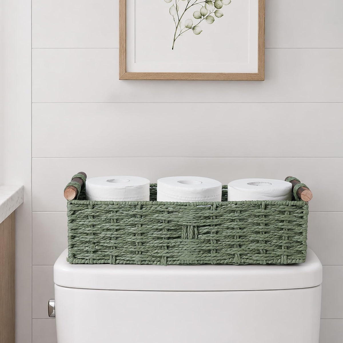 Round Paper Rope Storage Basket Wicker Baskets for Organizing with Handle Decorative Storage Bins for Countertop Toilet Paper Basket for Toilet Tank Top Small Baskets Set,Green