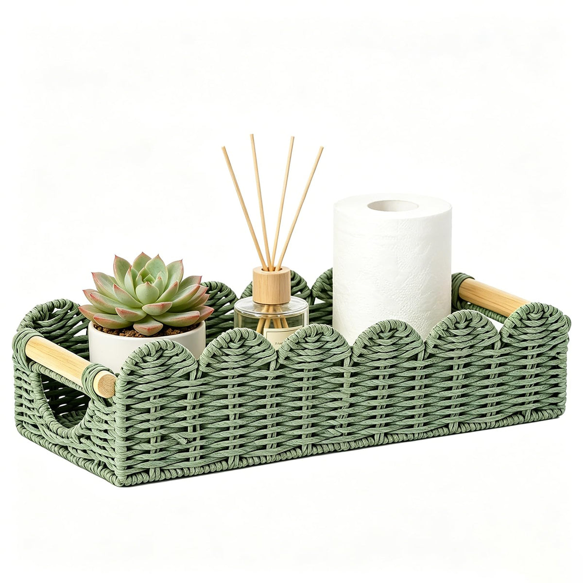 Upgraded Bathroom Basket Organizer w/Cut Out Handle, Back of Toilet Paper Storage Baskets Tray for Bathroom Countertop Decorative, Scalloped Wicker Basket Also for Home Decor, Living Room (Neutral)