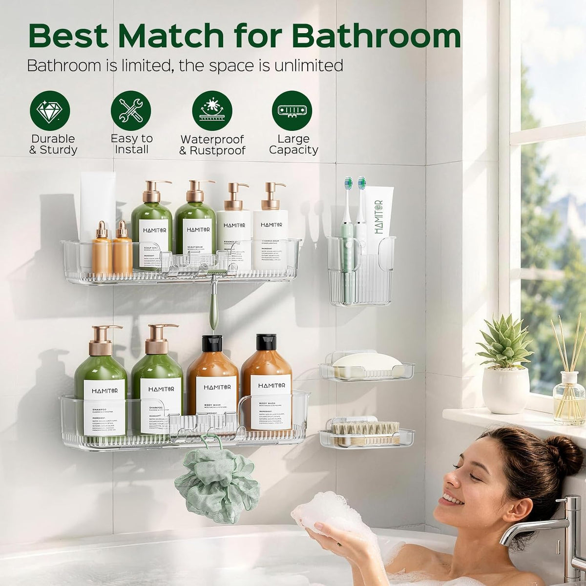 HAMITOR 5 Pack Adhesive Shower Caddy, Clear Transparent Shower Organizer