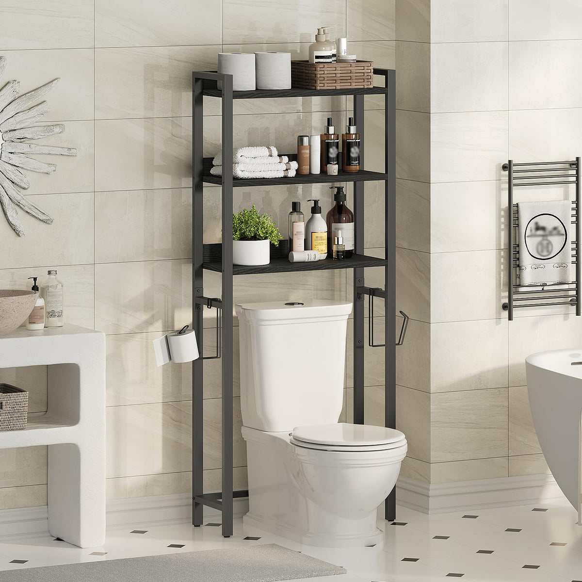 MAHANCRIS Over The Toilet Storage Rack, 4 Tier Bathroom Organizer Over Toilet, Freestanding Space Saver Toilet Stand with 2 Hooks, Bathroom Storage Shelf, Easy to Assemble, Rustic Brown TSHR0401Z