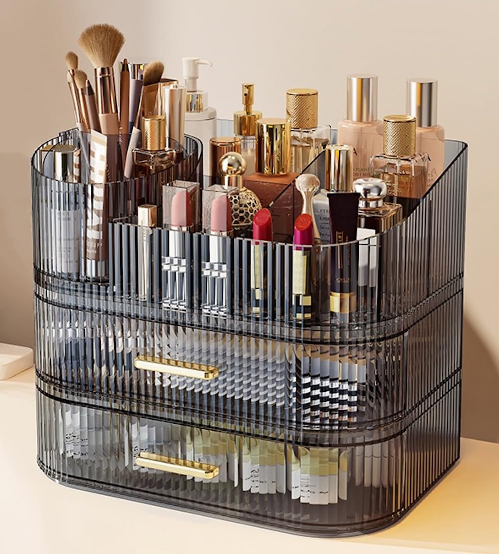 Large Makeup Organizer with Drawers, 360° Rotating Brush Holder