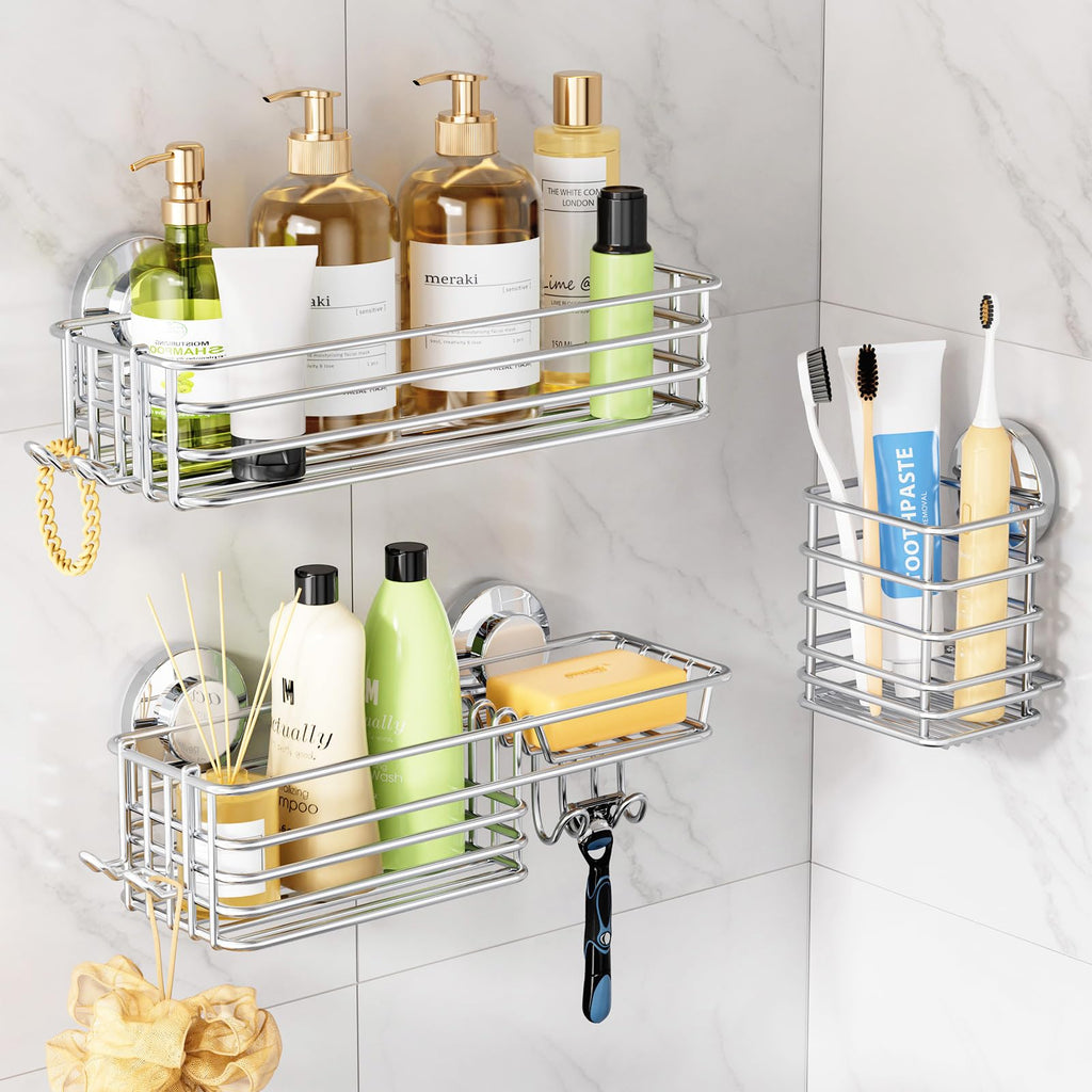 LEVERLOC Shower Caddy Suction Cup, 2 Pack Suction Shower Shelf With Hooks