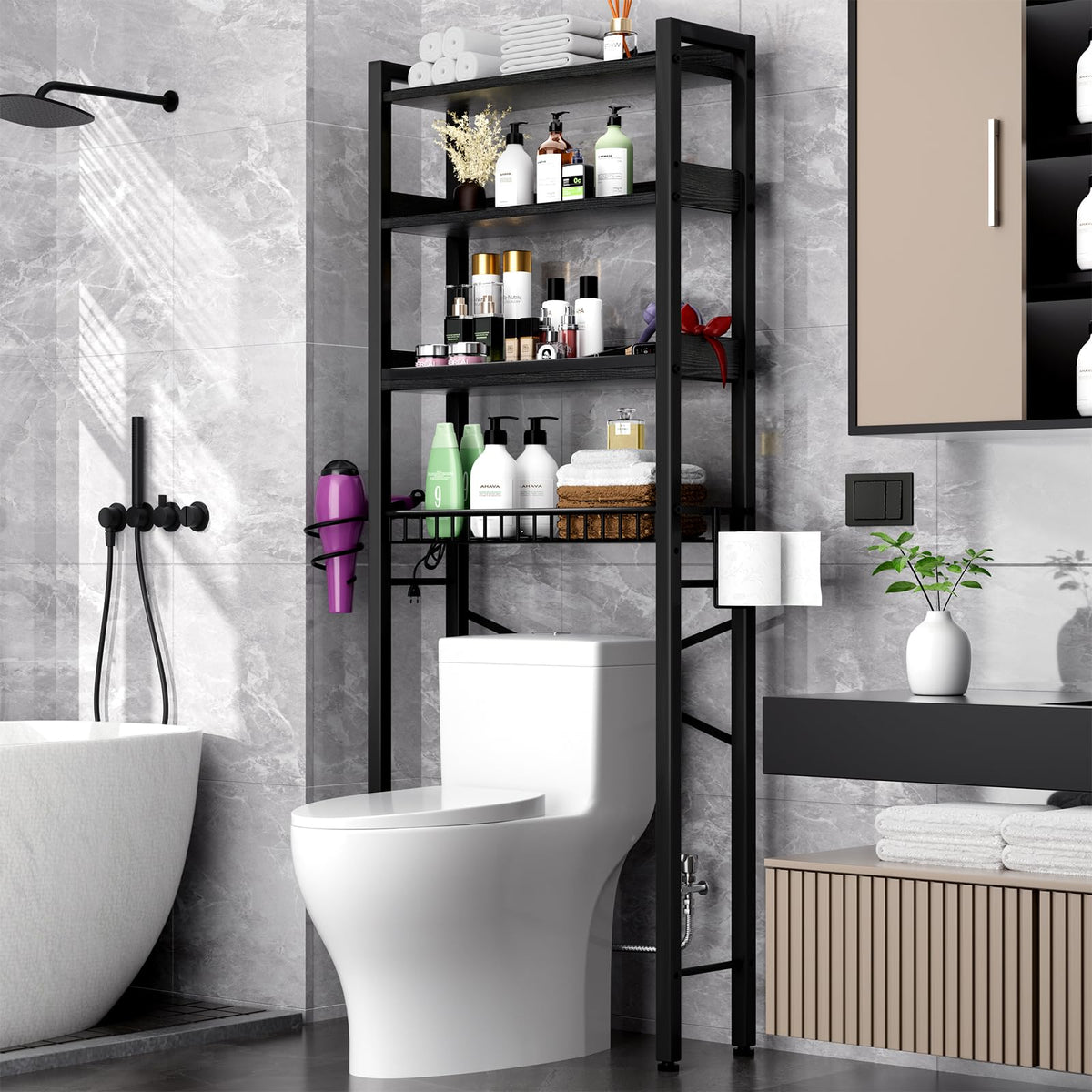 Mlinavn Over-The-Toilet Storage Rack, 4-Tier Bathroom Organizer Shelf Over Toilet with Adjustable Shelf and Basket, Freestanding Space Saver Bathroom Shelves Above Toilet for Room (Black)