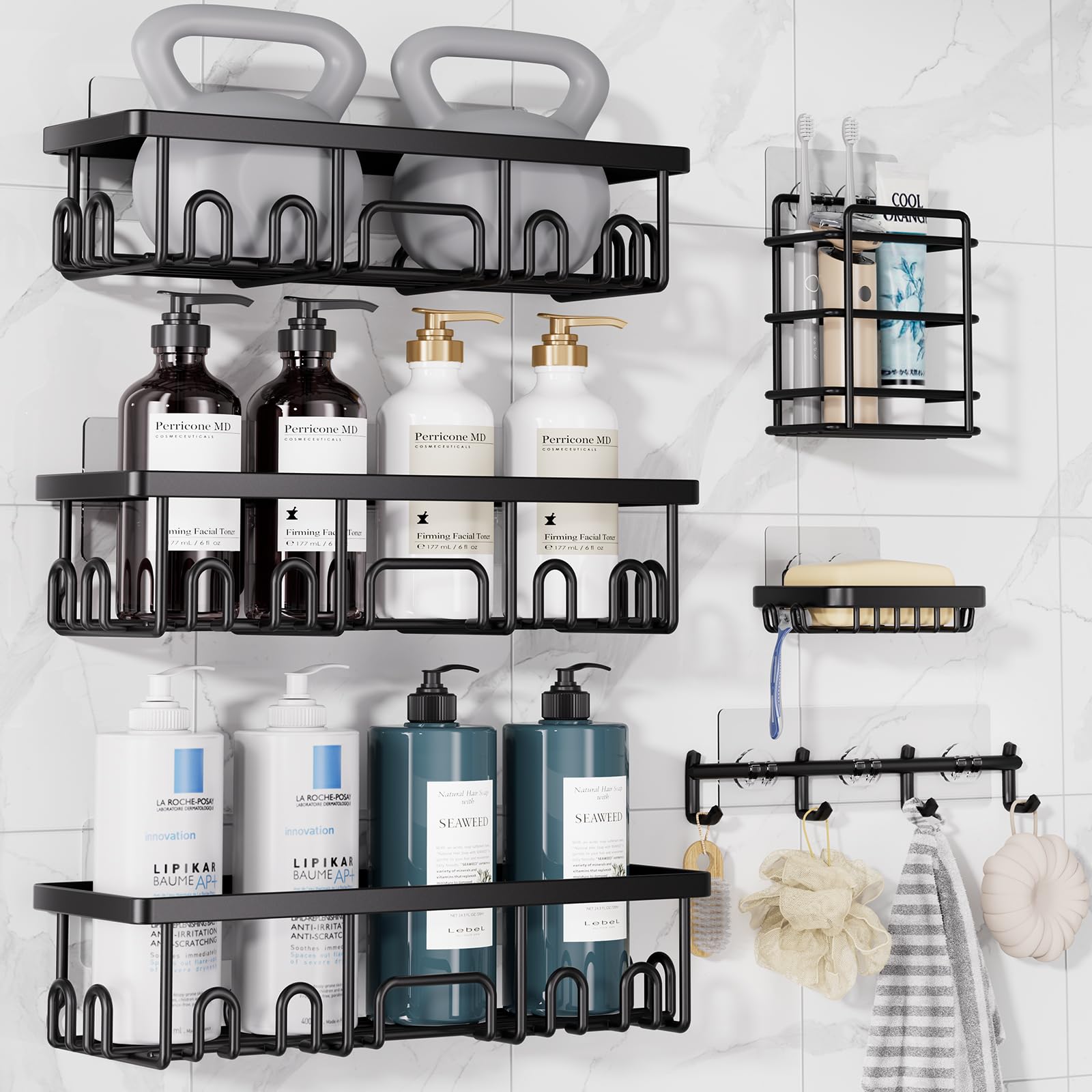 Veken Shower Caddy 6-Pack with Hooks, Bathroom Organizers & Storage, Black