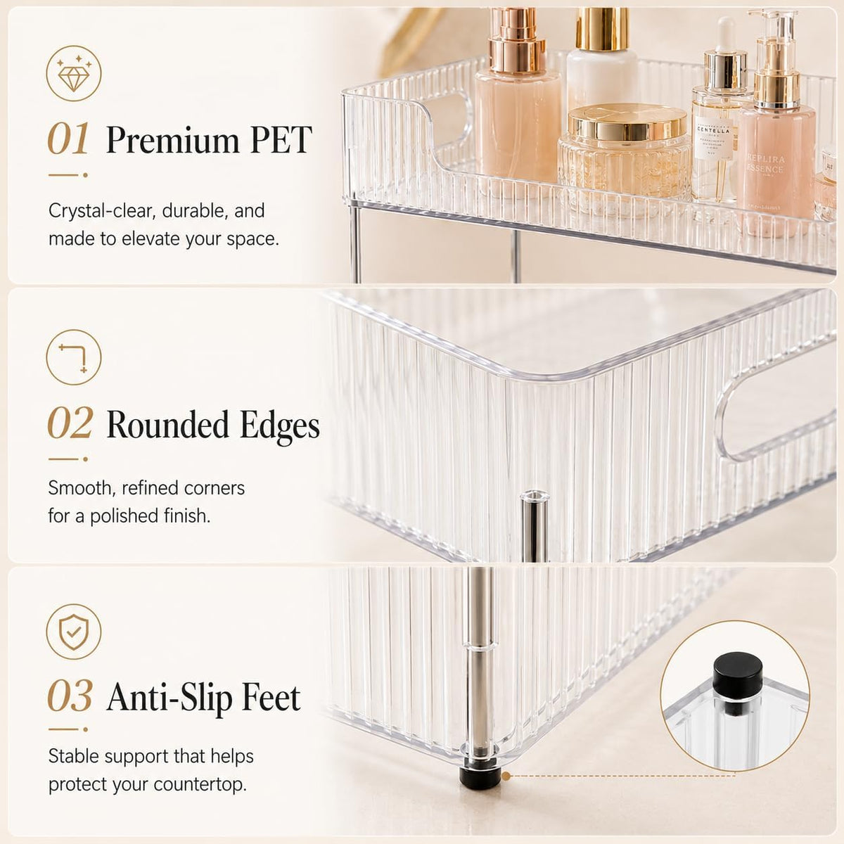 Goderewild 3 Tier Bathroom Counter Organizer, Multi-Purpose Cosmetics Skincare Shelf, Fits A4 Size Makeup Organizer for Office and Vanity Tray, Countertop Storage Solution for Kitchen,Bath.(Clear)