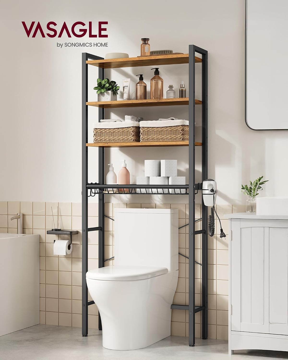 VASAGLE 4-Tier Over the Toilet Storage, Adjustable Shelves, Basket, 68.1''H