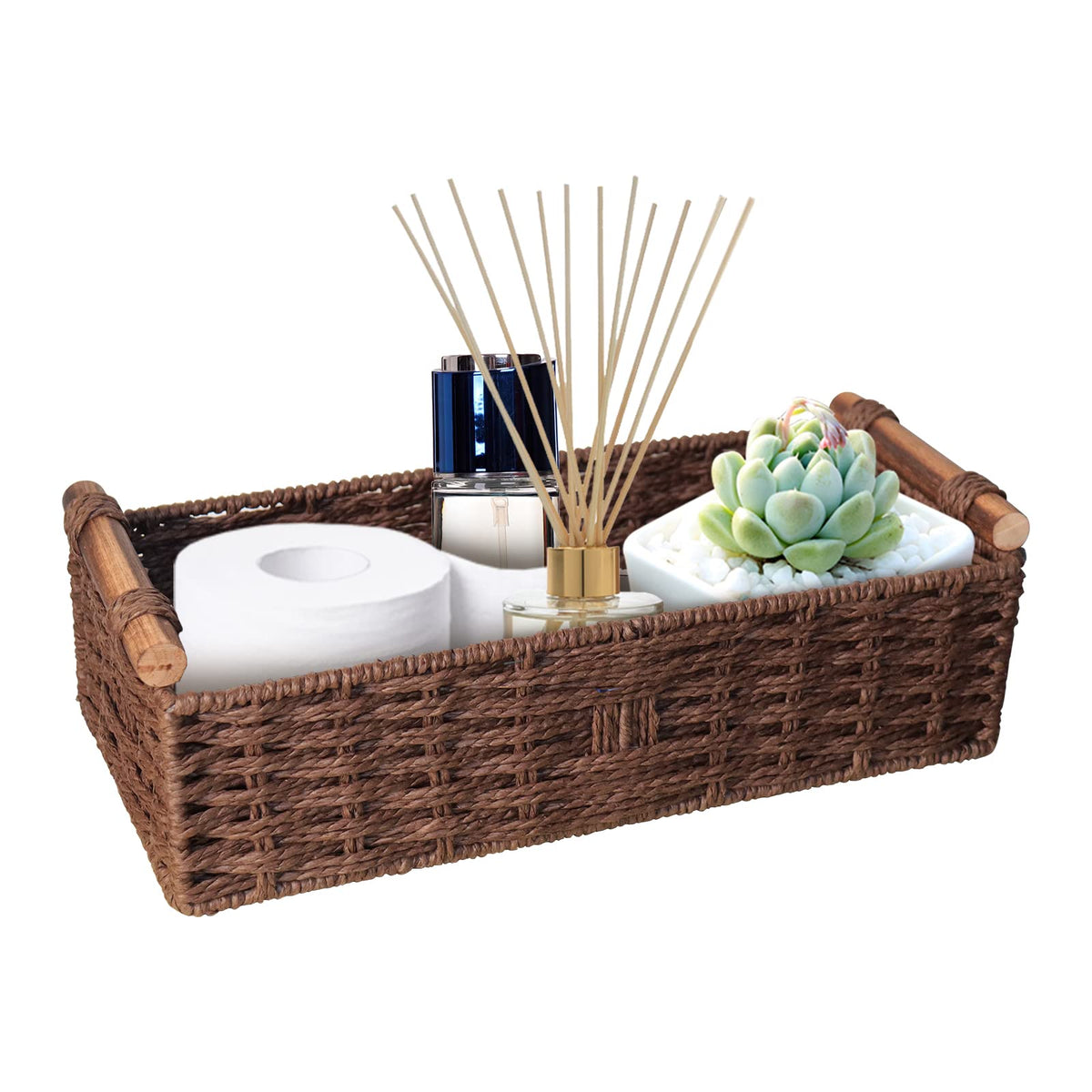 Round Paper Rope Storage Basket Wicker Baskets for Organizing with Handle Decorative Storage Bins for Countertop Toilet Paper Basket for Toilet Tank Top Small Baskets Set,Green