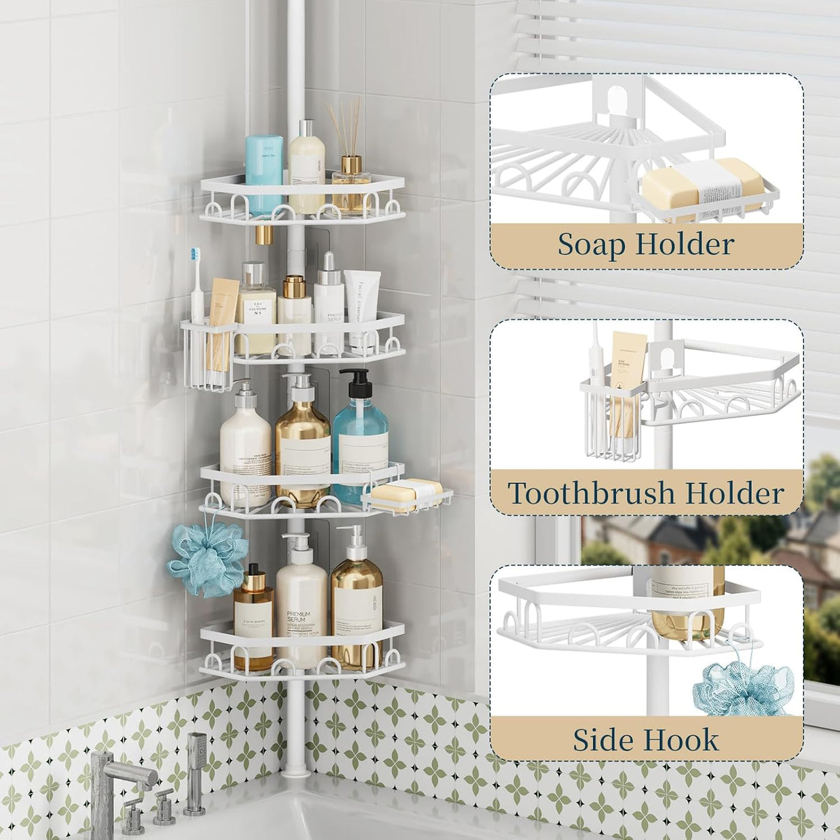 Consumest Shower Caddy Tension Pole - 4 Tier Corner Shower Shelves with Brush & Soap Holder, 304 Stainless Steel Rustproof Adjustable Organizer Rack for Bathtub, Bathroom, 27.6-108.3 Inch, White
