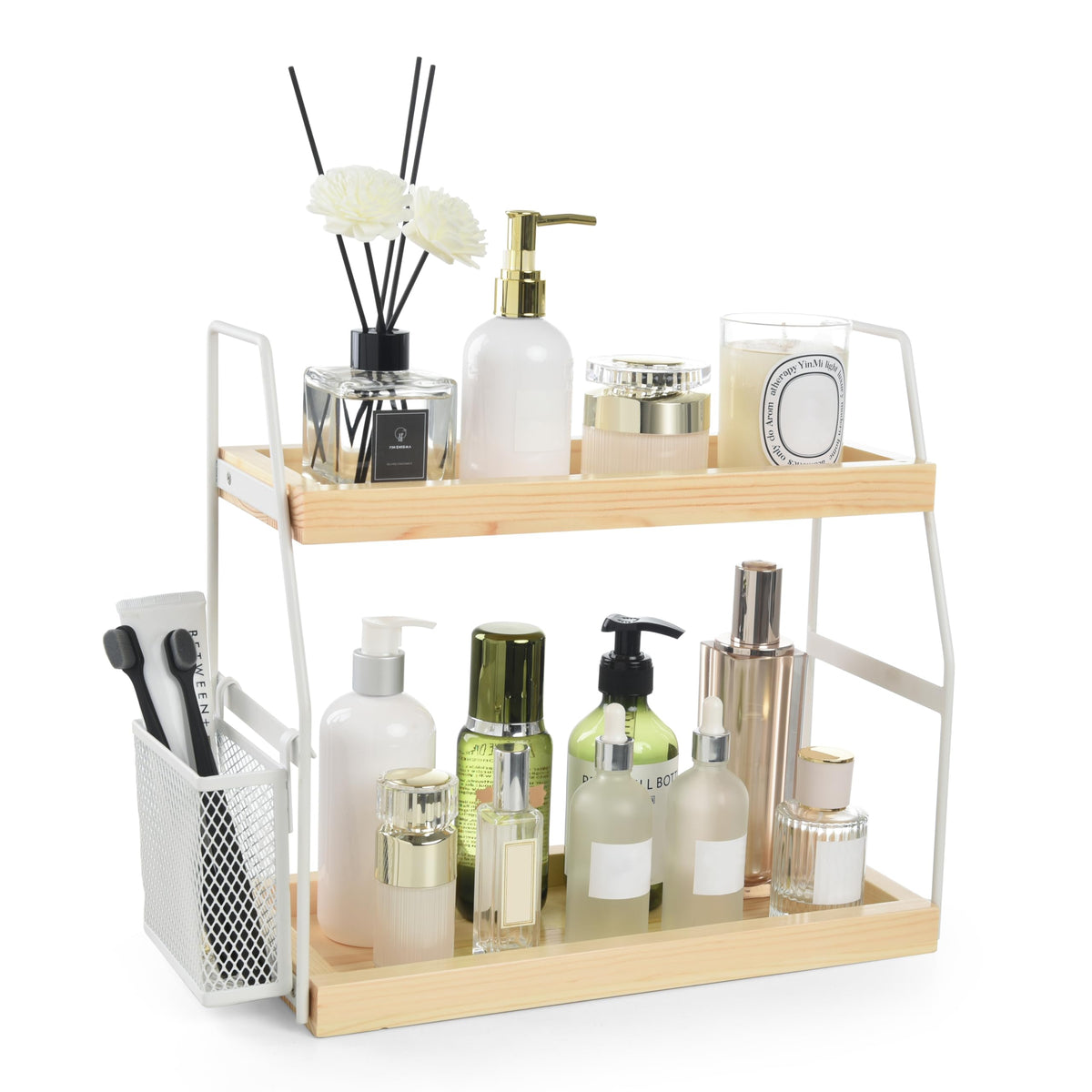 Uneviesyka Bathroom Counter Organizer, 2-Tier Standing Storage Shelf with Basket, Wood Tray for Skincare Vanity Organizer