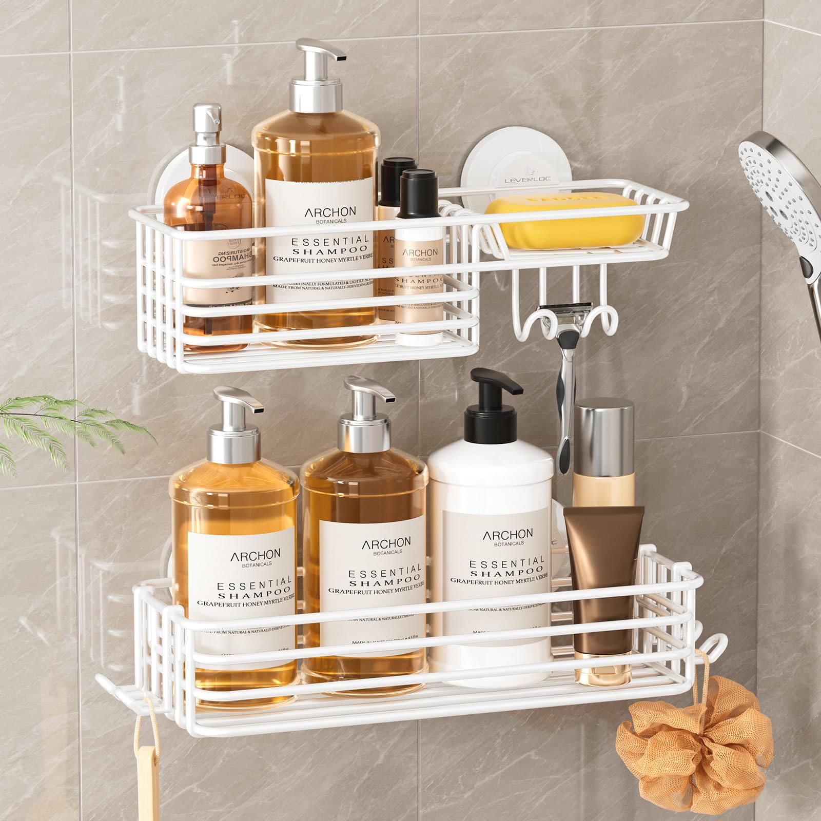 LEVERLOC Shower Caddy Suction Cup, 2 Pack Suction Shower Shelf With Hooks