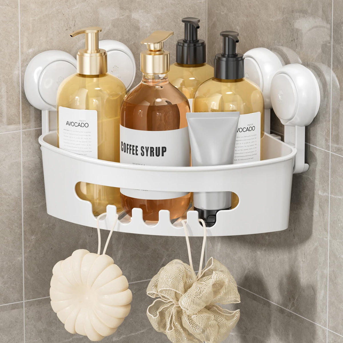 LEVERLOC Corner Shower Caddy Suction Cup, shower shelves suction cup, White