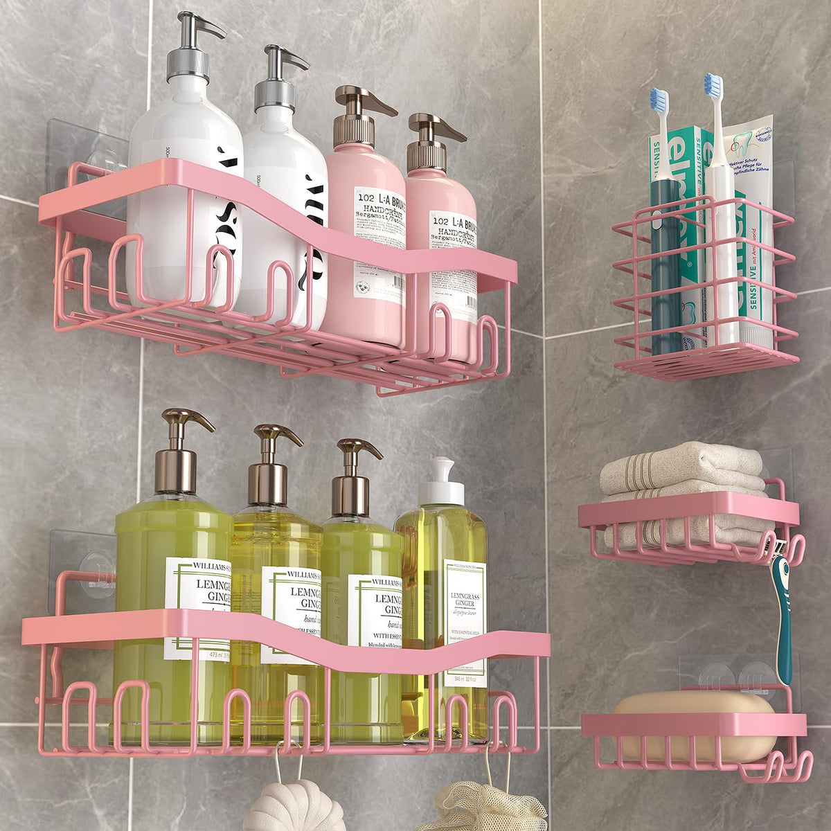 Youvip Pink Shower Caddy 6 Pack, Adhesive Shower Shelves