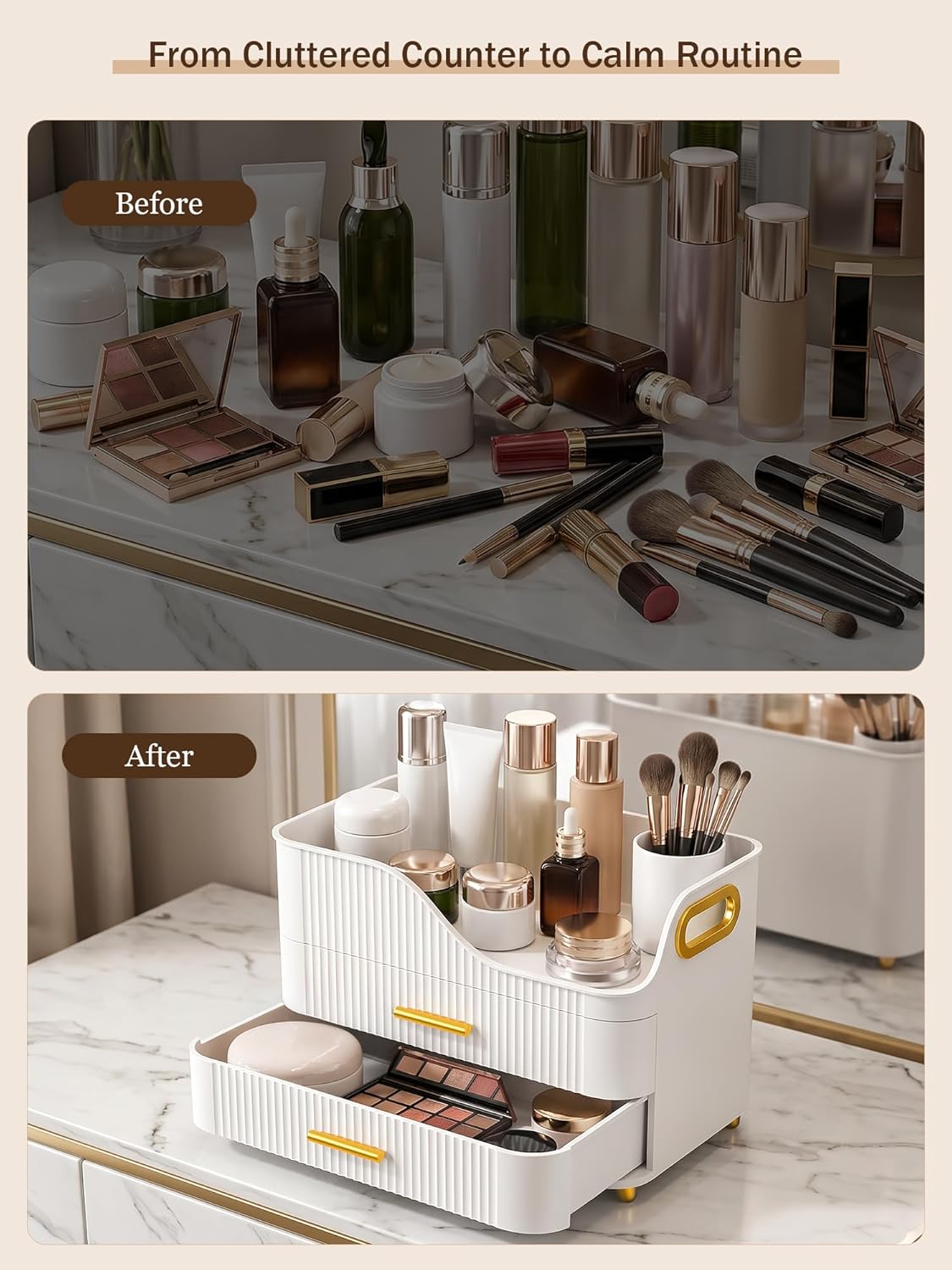 Booklov Large Makeup Organizer for Vanity, Bathroom Countertop, White