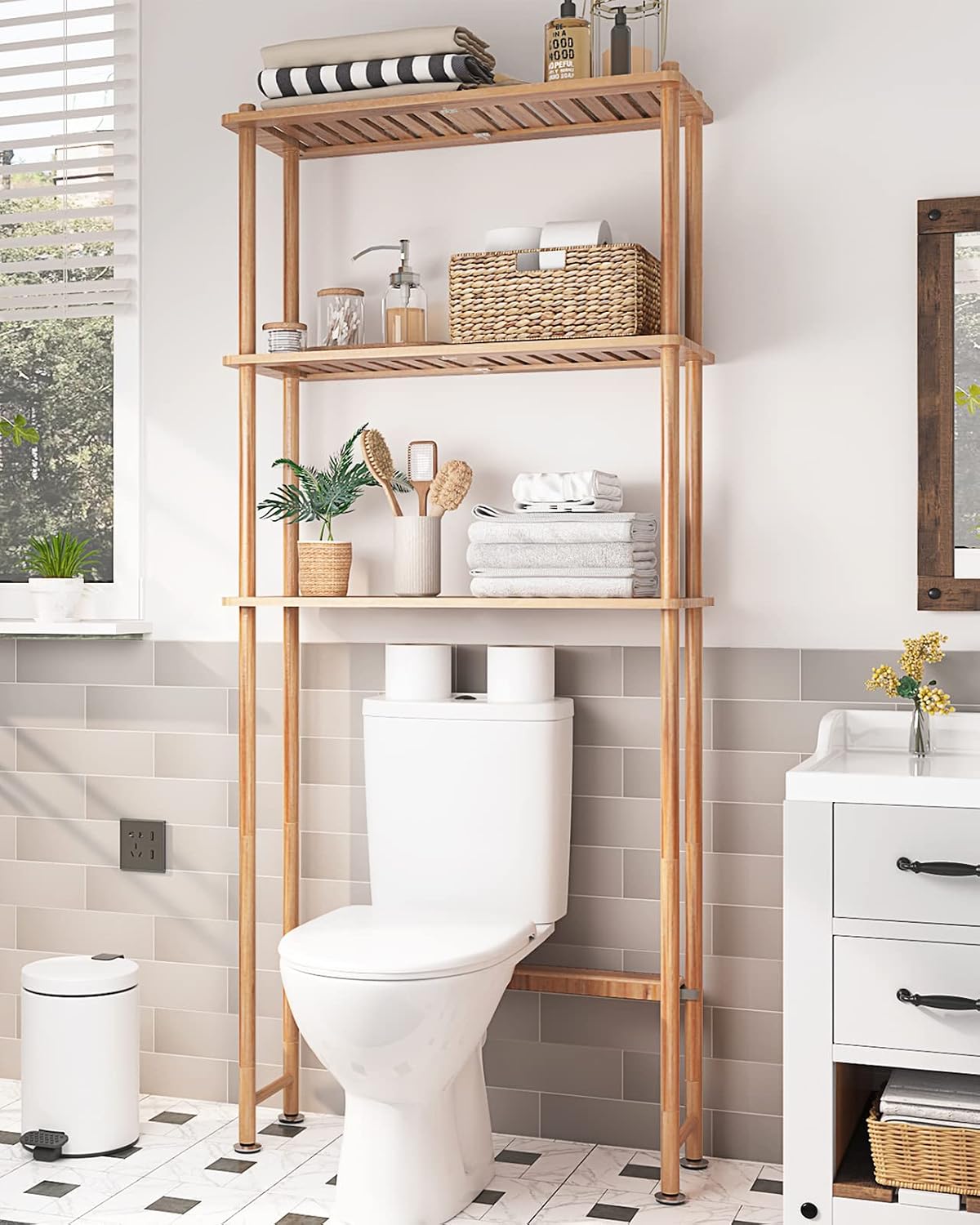 AmazerBath Bamboo Over The Toilet Storage Shelf, 3-Tier Bathroom Over Toilet Organizer Rack, Freestanding Above Toilet Shelf for Bathroom, Laundry, Space Saver, Natural Color