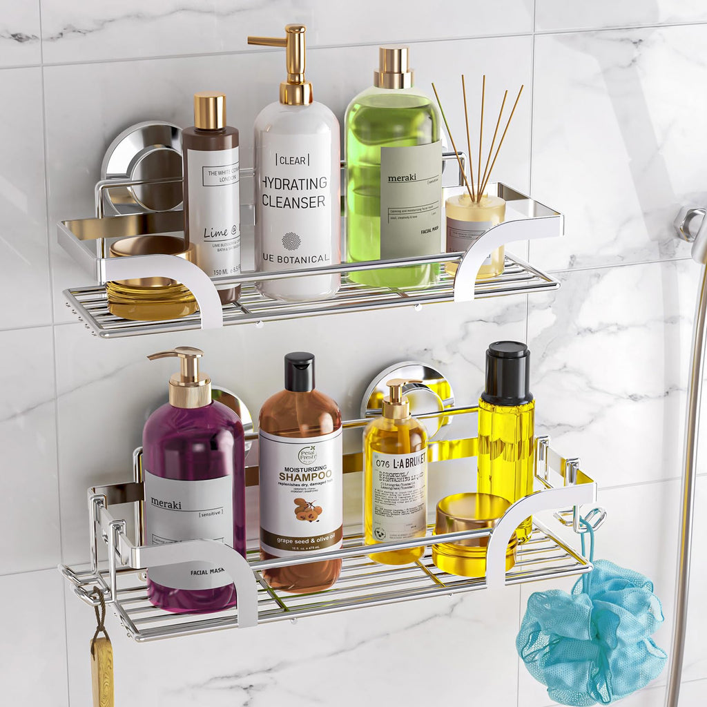LEVERLOC Shower Caddy Suction Cup, 2 Pack Suction Shower Shelf With Hooks