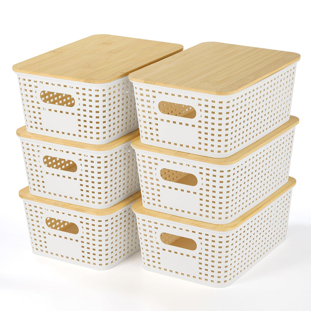 Ohmlove 6 Pack Plastic Storage Baskets with Bamboo Lids for Organization