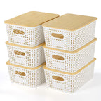 Ohmlove 6 Pack Plastic Storage Baskets with Bamboo Lids for Organization