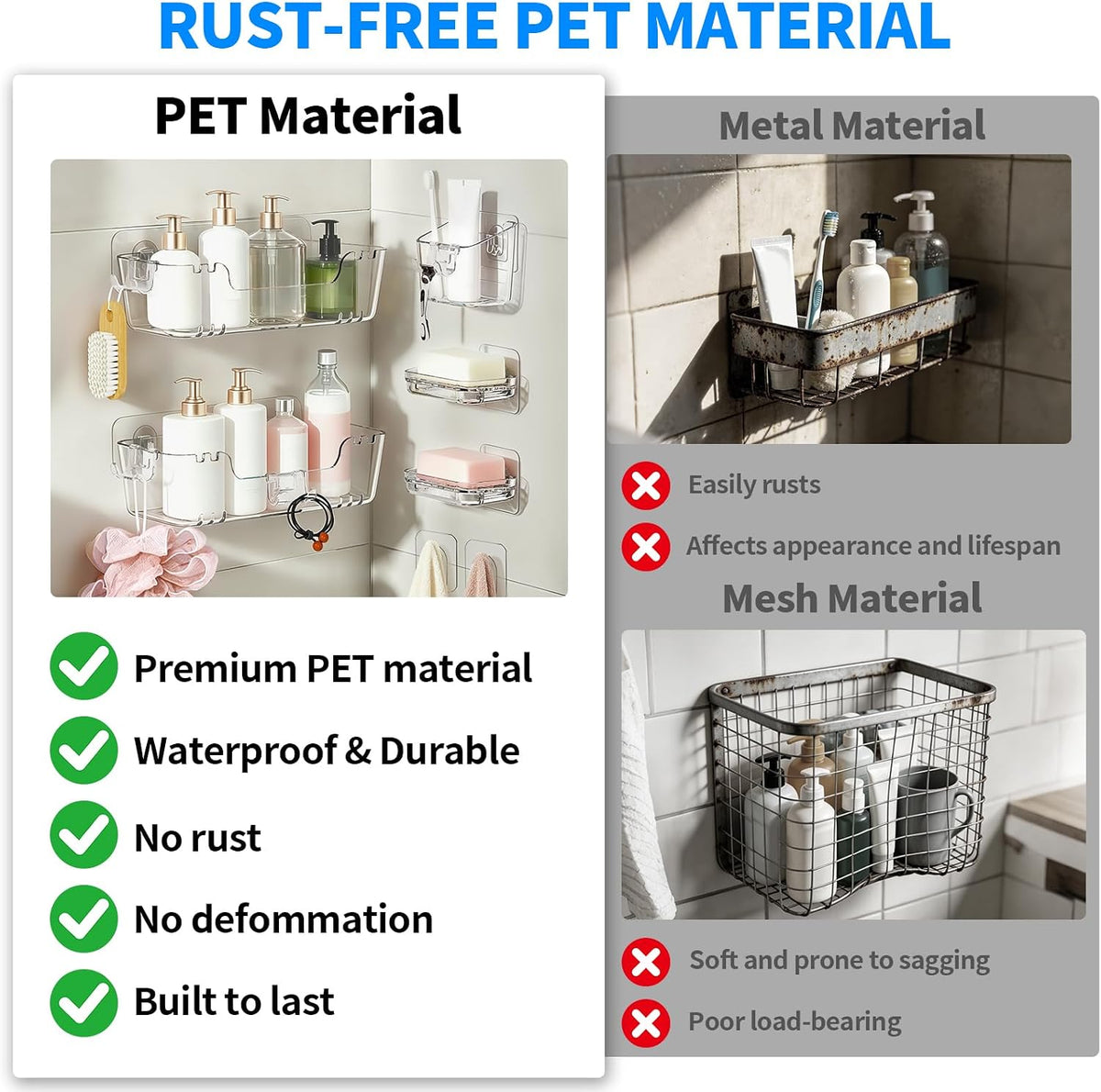 CGBE 5-Pack Adhesive Shower Caddy Set, No-Drill Bathroom Shelves
