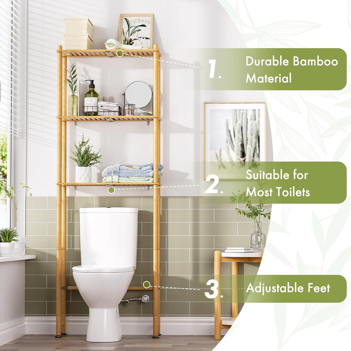 AmazerBath Bamboo Over The Toilet Storage Shelf, 3-Tier Bathroom Over Toilet Organizer Rack, Freestanding Above Toilet Shelf for Bathroom, Laundry, Space Saver, Natural Color