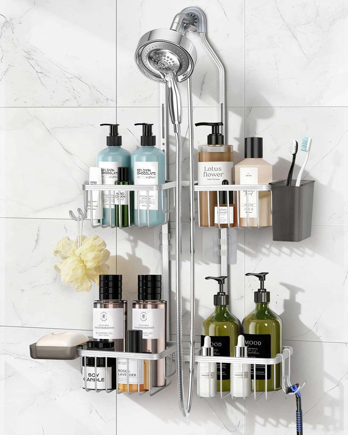 Adjustable Hanging Shower Caddy for Handheld Showerhead, Rustproof Aluminum Over Shower Head Organizer, Renter-Friendly No-Swing Storage for Tall Bottles & Soap, 2-Tier, Gold